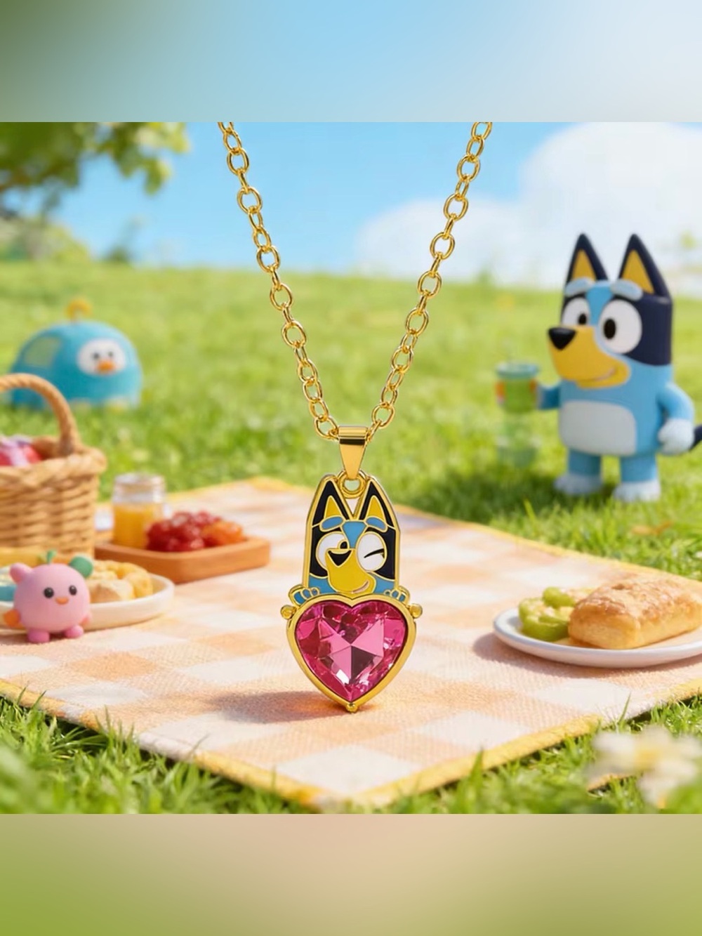 Bluey Holding Ruby Colored Heart Gold Tone Pendant Necklace Disney Character